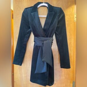 Velvet Long Sleeve Open Back Tie Waist Blazer Romper
